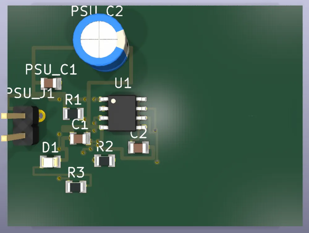 Ray-traced render of a 555 LED blinker board: an NE555 in SOIC-8, resistors, capacitors, an LED and a pin header on green soldermask with routed copper traces.